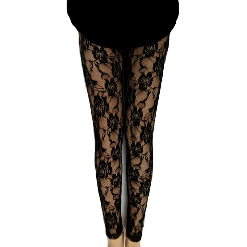 New Retro Sexy Net Yarn Lady Rose Lace Elegant Through Leggings Pants Footless Black White Women Summer Skinny Nine Pants