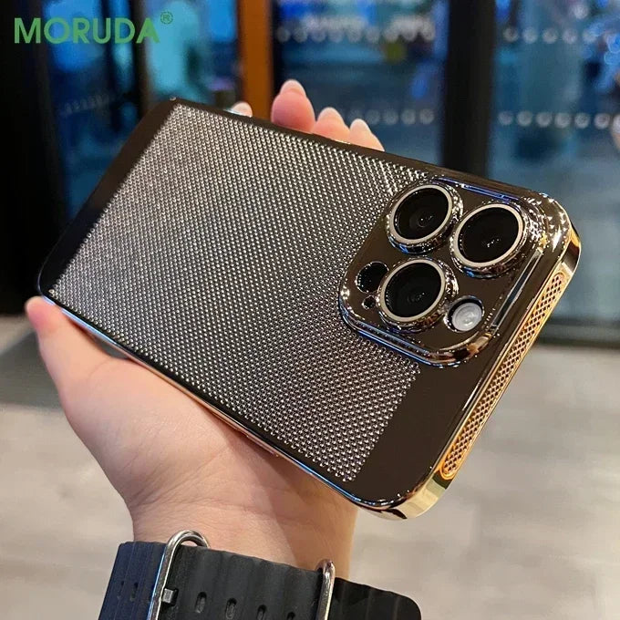 Luxury Plating Hollowed Out Case for iPhone 17 Pro 16 15 14 Pro Max Plus 13 12 Mini 11 17Air Heat Dissipation Shockproof Cover