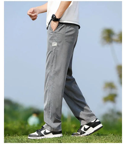 Men's Summer Soft Lyocell Fabric Jeans Thin Loose Straight Denim Pants Drawstring Elastic Waist Casual Trousers Plus Size M-5XL