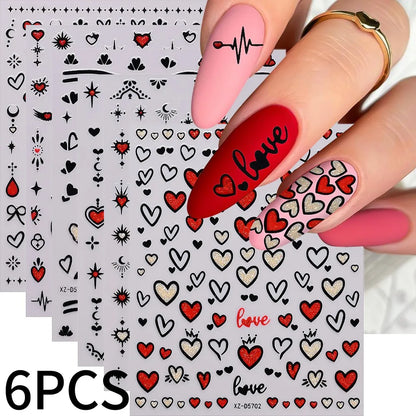8pc 3D Mixed Color Heart Nail Stickers Valentines' Day Sweet Red Pink Love Selfadhesive Nail Decoration Decals Manicure Supplies