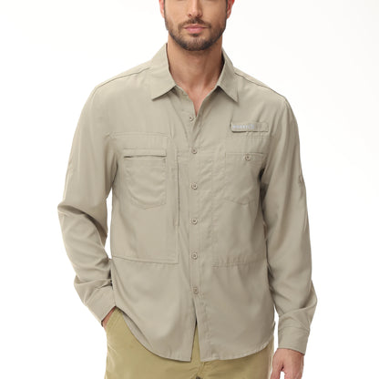 Men's Long Sleeve Fishing Shirts UPF 50+ Sun Protection Breathable Lightweight Travel Work Button Down Shirt with Zipper Pocket