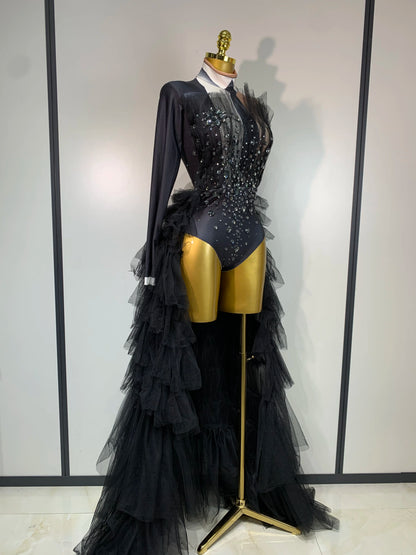 2025 New Black Perspective Bodysuit Women Sexy Singer Dance Stage Performance Costume Evening Party Birthday Photo Shoot Outfit