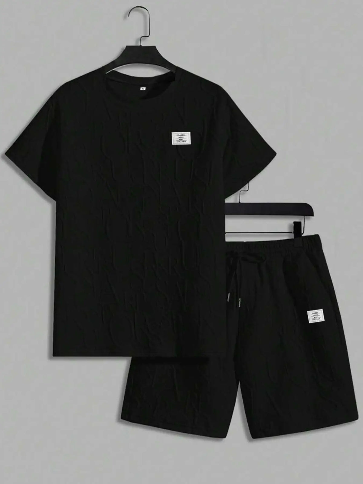 Men's Textured Letter Patched Round Neck Tee & Drawstring Shorts Two-Piece Set Regular Fit Casual Short Sleeve T shirt & Shorts