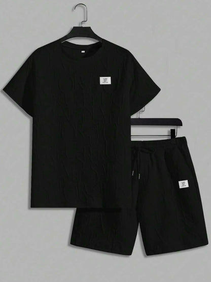 Men's Textured Letter Patched Round Neck Tee & Drawstring Shorts Two-Piece Set Regular Fit Casual Short Sleeve T shirt & Shorts
