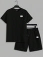 Men's Textured Letter Patched Round Neck Tee & Drawstring Shorts Two-Piece Set Regular Fit Casual Short Sleeve T shirt & Shorts