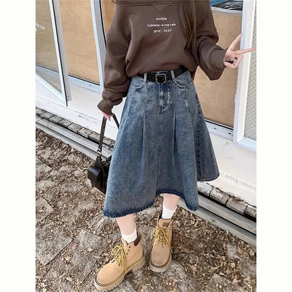 Summer Trendy Designer Lady High Waist Jeans Pleated Skirt Women Fashion Vintage Denim Skirts Girls Korean Casual Midi Skirts