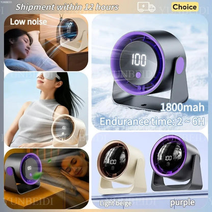 Desktop Fan 180degree Rotation Low-noise Silent Fan LED Display Large-capacity Home Mini Desktop Wall-mounted Fan 1800mAh