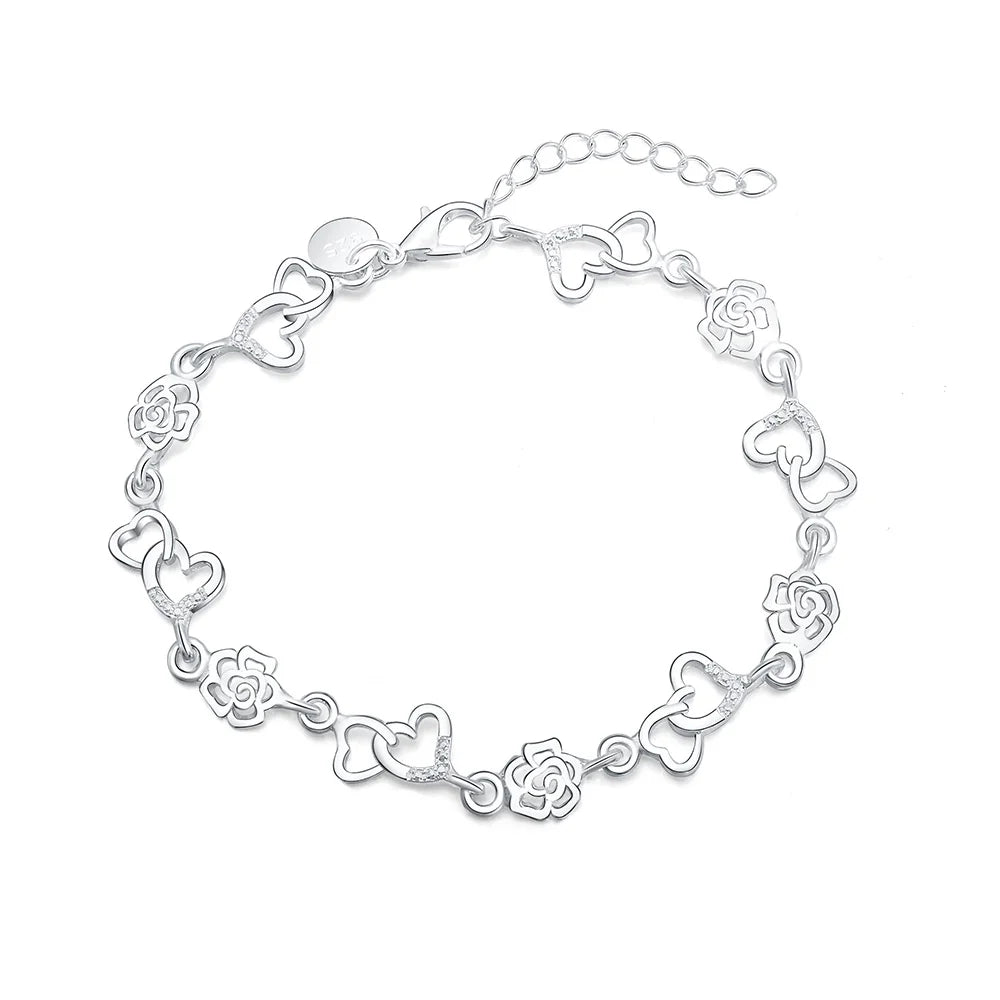 Beautiful 925 Sterling Silver Bracelet for Women Bracelet HEART Lovely Flower Chain Fashion Wedding Party Cute Lady Nice Jewelry