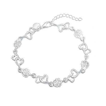 Beautiful 925 Sterling Silver Bracelet for Women Bracelet HEART Lovely Flower Chain Fashion Wedding Party Cute Lady Nice Jewelry