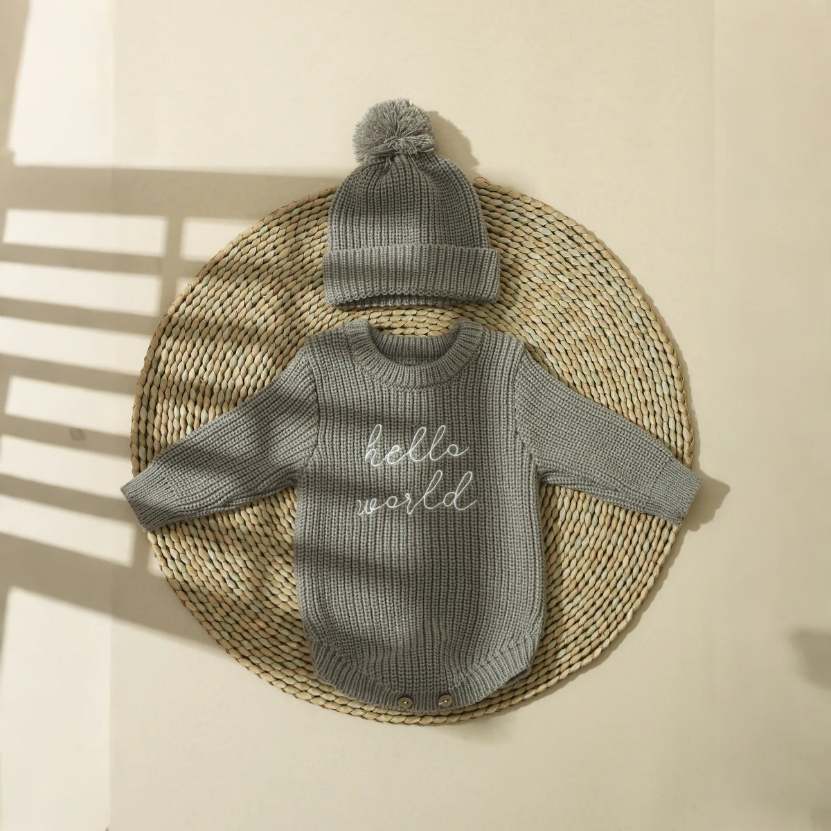 Ylsteed Hello World Knitting Newborn Photography Romper with Matching Pomp Hat Baby Boy Girl Sweater Outfits for Photo Shooting