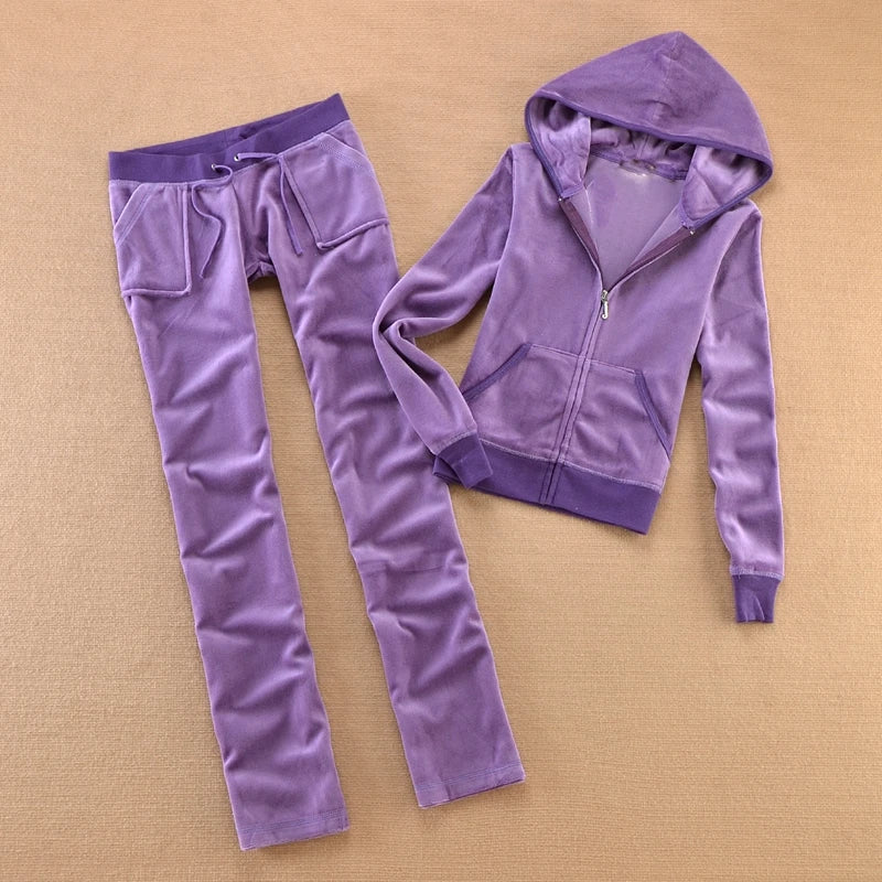 Solid Color Velvet Tracksuit 2025 Women's Zipper Top and Pants Suit Two-Piece Set