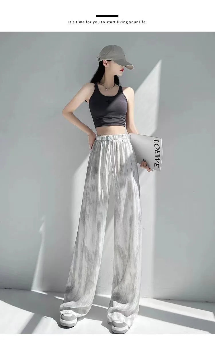 Summer Loose Straight Casual Draped Ice Silk Tie-Dye Wide-Leg Pants Grils Mosquito-proof Casual Trousers Women's Wide-leg Pants