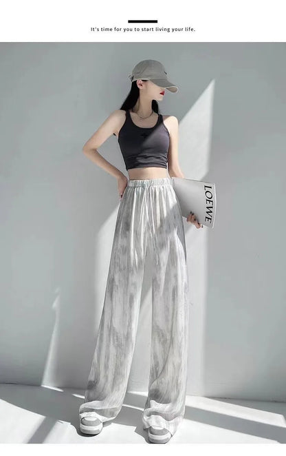 Summer Loose Straight Casual Draped Ice Silk Tie-Dye Wide-Leg Pants Grils Mosquito-proof Casual Trousers Women's Wide-leg Pants