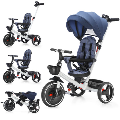 Foldable Children's Tricycle – Adjustable Parent Handle, Wheel Brakes, Removable Hood, Backrest & Safety Seat