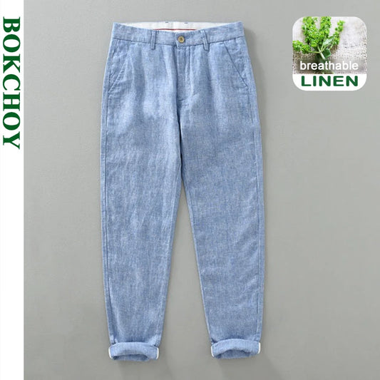 Summer New Pure Linen Casual Slim Pants for Men Clothing Thin Breathable Streetwear Men Trousers EC1335