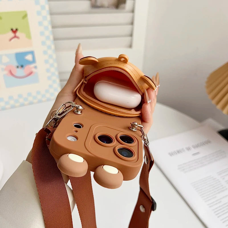 For iPhone 17 16 15 14 13 12 11 XR Xs 6 6s 7 8 SE Pro Max mini Plus e Capybara head Wallet Case With Accessories