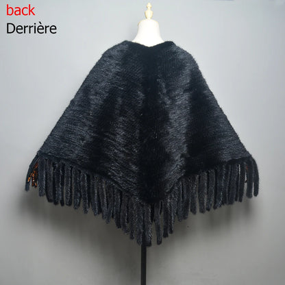 Fashion Women Fur Shawl Winter Knitted Real Mink Fur Stole With Fur Hood Knitted Mink Poncho Pashmina