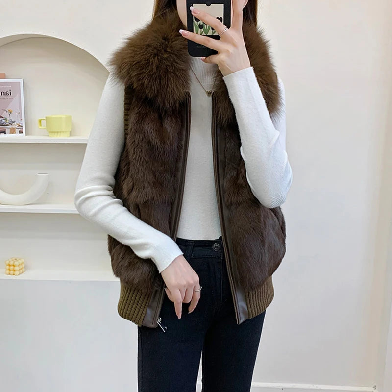 Women's Genuine Real Rabbit Fur Vest Coat Knitting Winter Fox Fur Collar Fur Jacket Casual Short Outwear Slim with Zipper