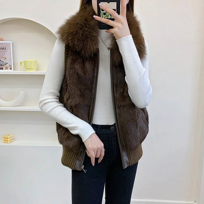 Women's Genuine Real Rabbit Fur Vest Coat Knitting Winter Fox Fur Collar Fur Jacket Casual Short Outwear Slim with Zipper
