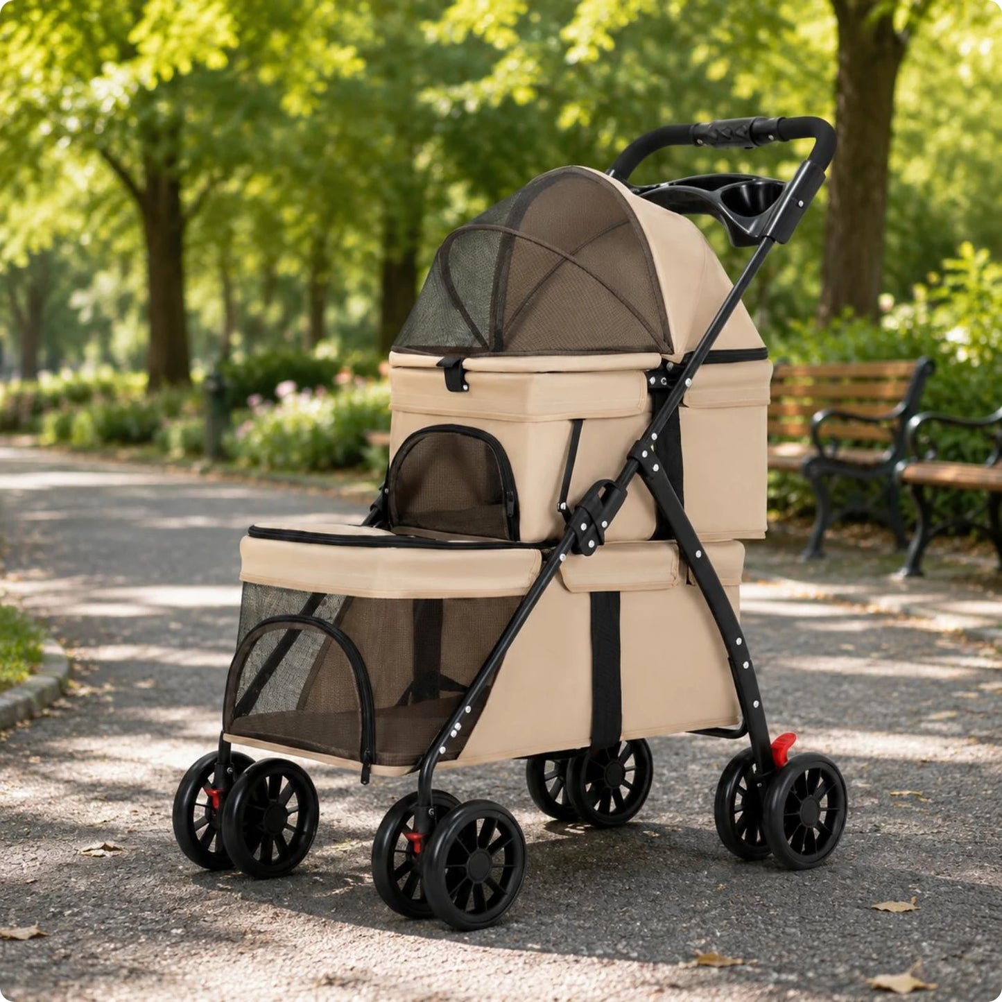 Double-Deck Pet Stroller Lockable Wheels Small Dog Feline Stroller Pet Transport Storage Pockets Removable Liner for Outdoor