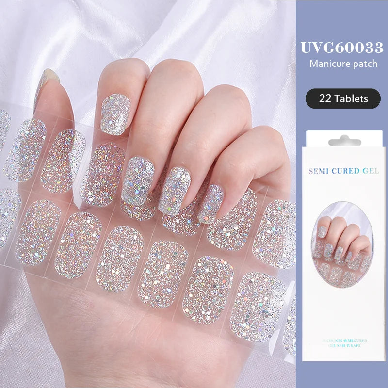 16/22 Tips Semi Cured Gel Nail Stickers for UV Lamp Designer Adhesive Nail Gel Wraps DIY Long-lasting  Nail Decoration