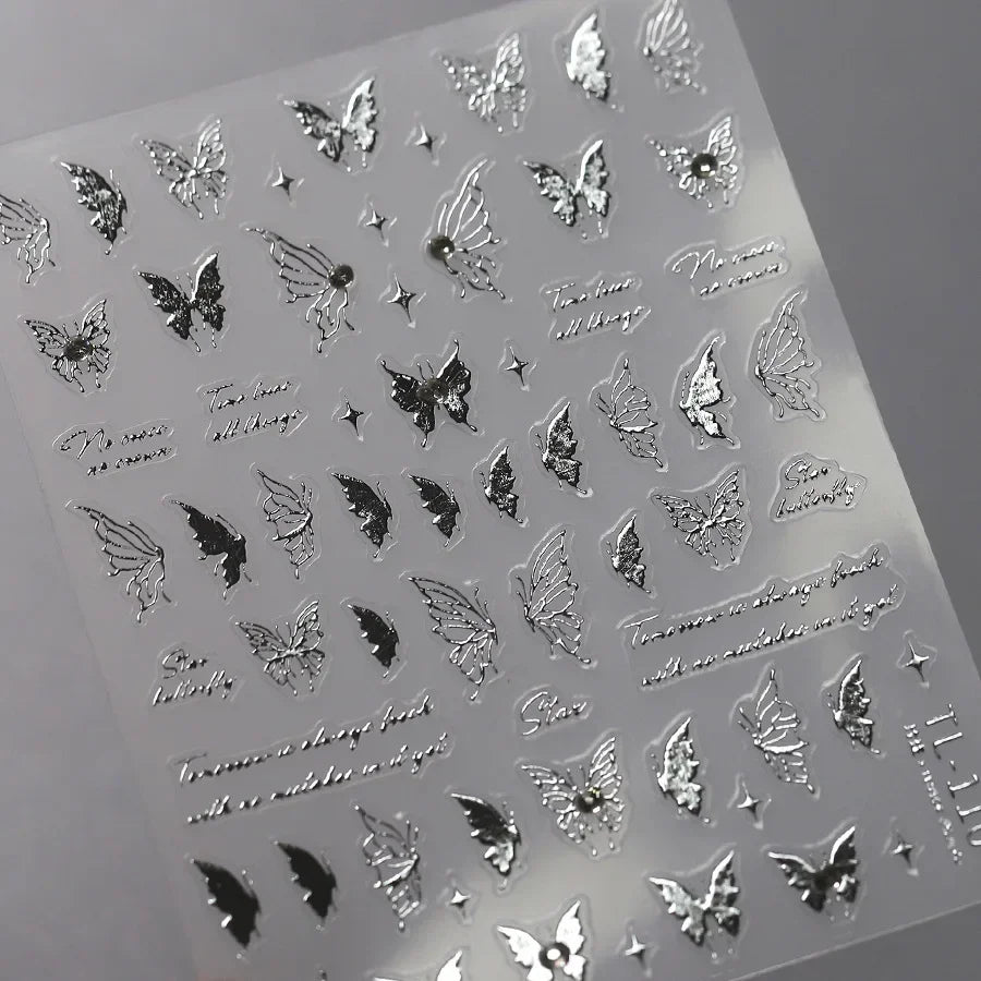 Shiny Jelly Butterfly Charming Golden Gradient Bowknot 5D Self Adhesive Nail Art Sticker Flower Petal Rhinestone Manicure Decals