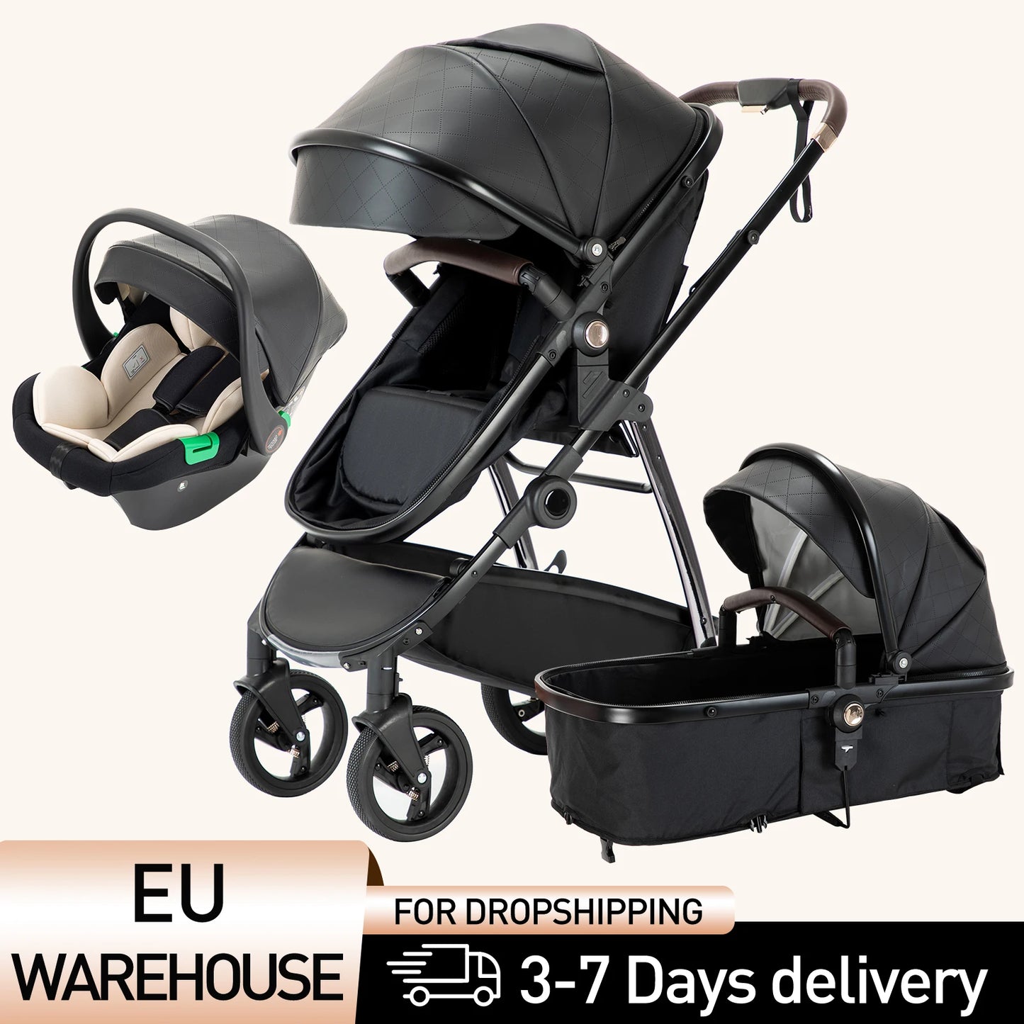 Baby stroller 3 in 1 Baby carriage Portable luxurious travel pram High landscape newborn baby stroller with baby carrier PU