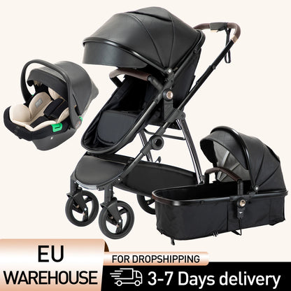 Baby stroller 3 in 1 Baby carriage Portable luxurious travel pram High landscape newborn baby stroller with baby carrier PU