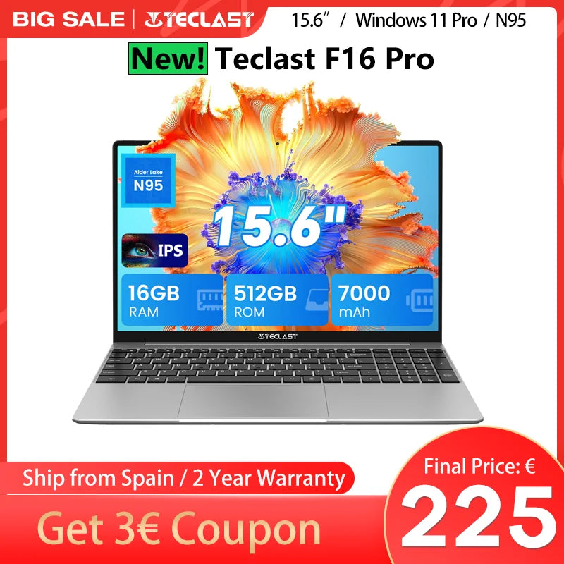 Teclast F16Pro Laptop 15.6 Inches, Backlit Keyboard, for Intel N95, 16Gb Ram 512Gb Rom, 1920X1200 Fhd Ips, Compatible with Mini-Hdmi