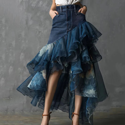 Women's Denim Patchwork Ruffle Maxi Skirt High Waisted Asymmetrical Sheer Tulle Layered Skirt For Female Fashion Outfits  Skirts