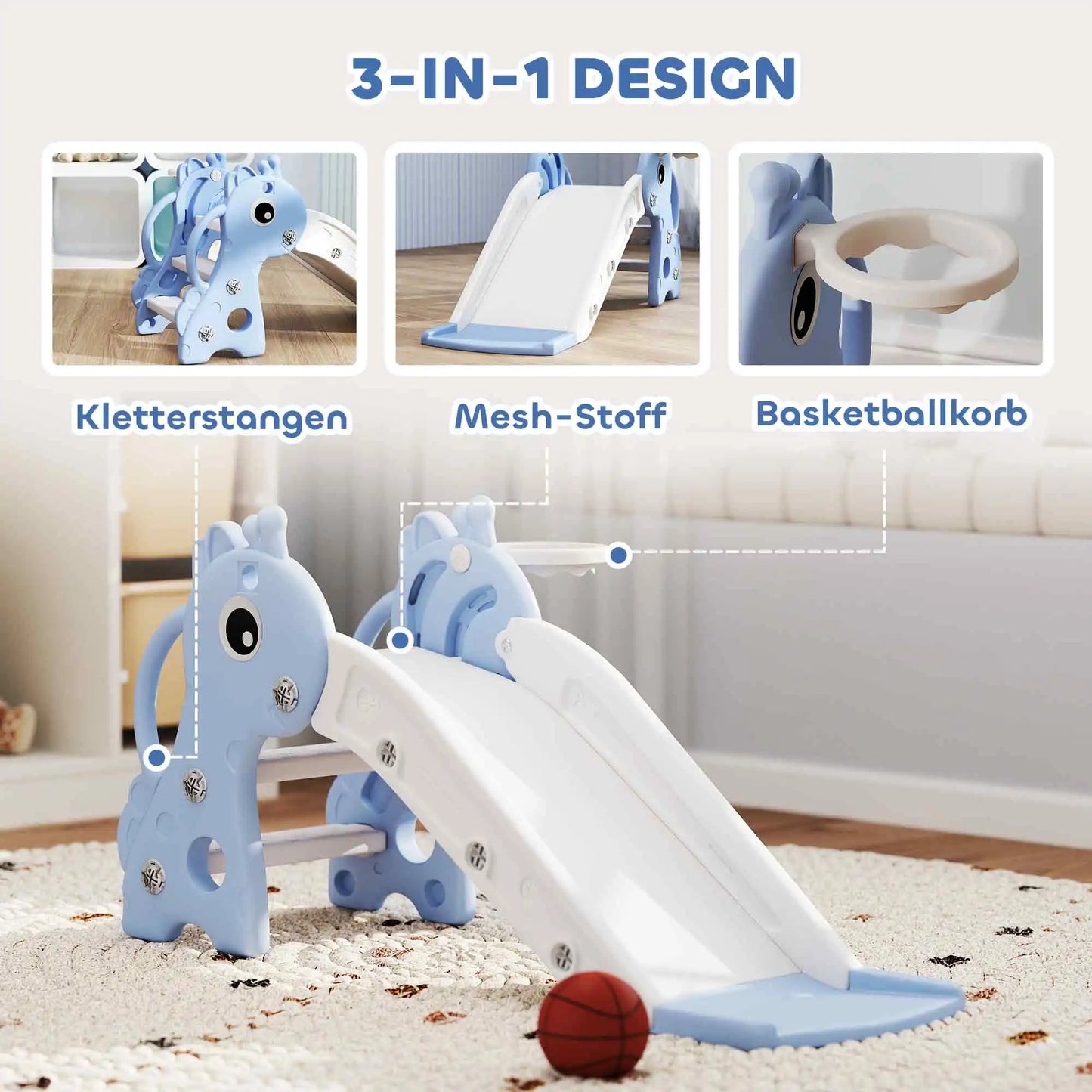 3 in 1 children's giraffe slide, basketball hoop ball, blue, children's slide, toy slide, children's toy slide, outdoor slide, slide
