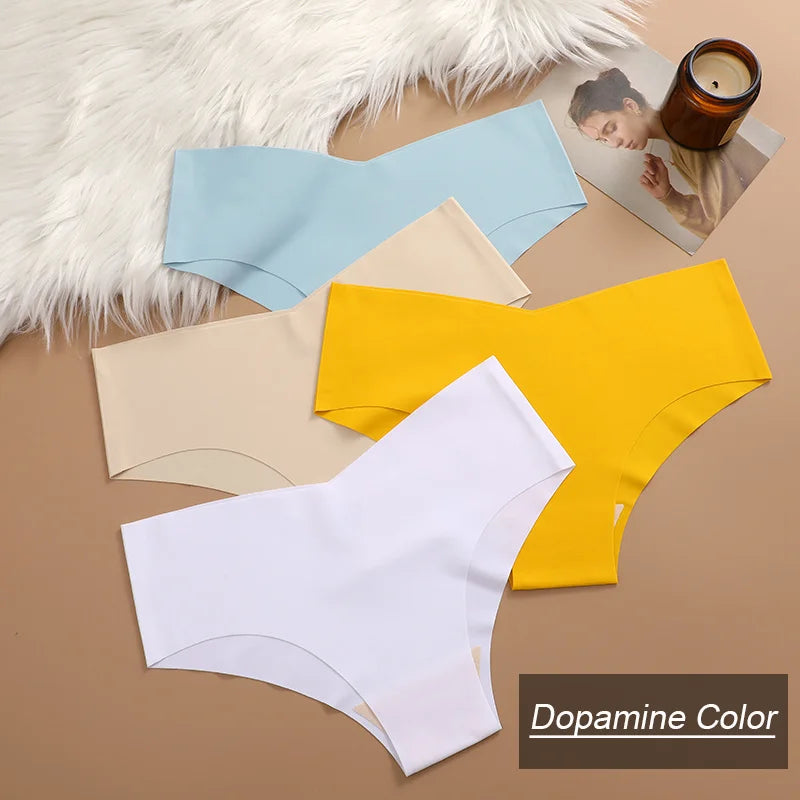 4PC Women Seamless Briefs Sexy V-Waist Underwear 10 Solid Colors Ice Silk No Trace Panties Female Breathable Intimates Lingerie