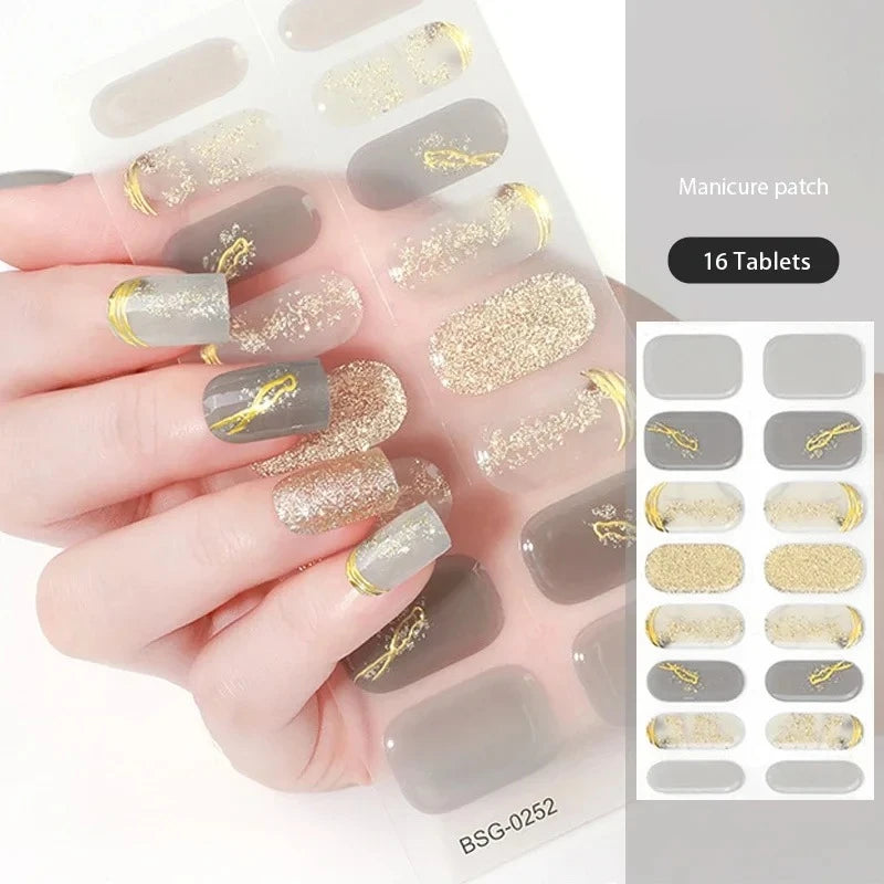 16/22 Tips Semi Cured Gel Nail Stickers for UV Lamp Designer Adhesive Nail Gel Wraps DIY Long-lasting  Nail Decoration