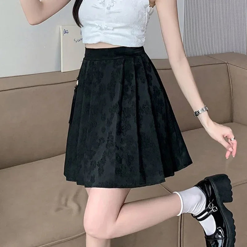 2025 Summer Female Plus Size Elastic Waist Skirts Women High Waisted Pleated Short Dress Lady Chic Designer Solid Printed Skirts