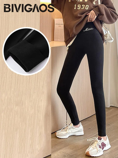 BIVIGAOS Women's Autumn Winter High Waist DE Velvet Leggings Thick Spontaneous Hot Warm Leggings Slim Elastic Leggings