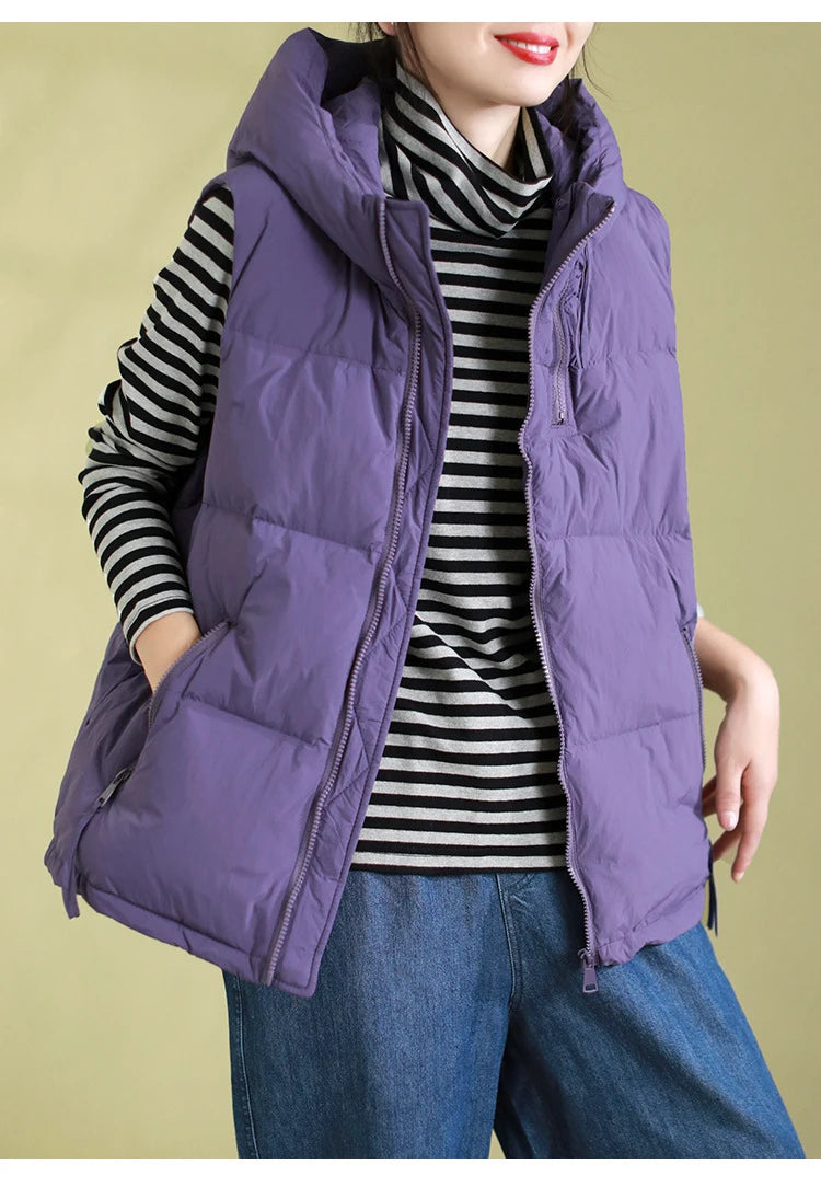 Schinteon Women 90% White Duck Down Vest with Hood Autumn Winter Over Size Casual Sleeveless Jacket Top Fashionable Gilet 2026