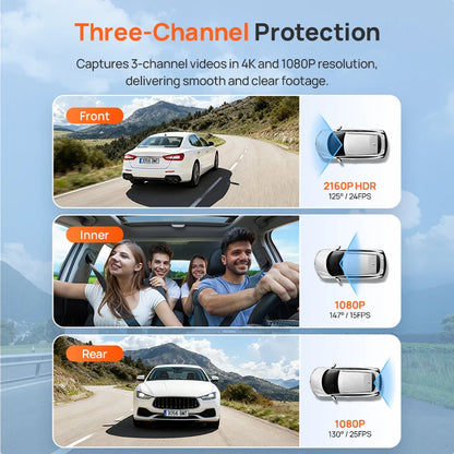 70Mai T800E 3-Channel Dash Cam Front 4K + Rear 1080P + Interior 1080P Hdr Supercapacitor 24H Parking Gps Voice Control Wi-Fi6