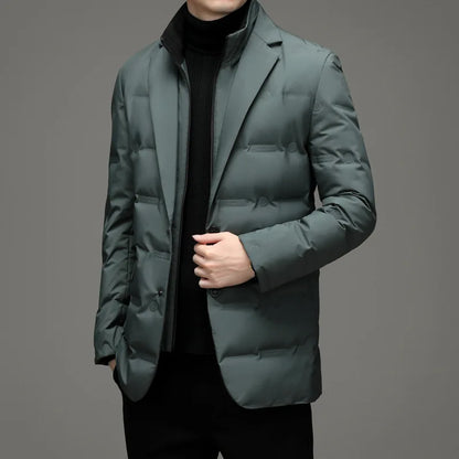Men's Solid Color Detachable Stand Collar Long Sleeve Casual Business Trendy Down Coats Winter New Fashion Suit Blazers Clothes