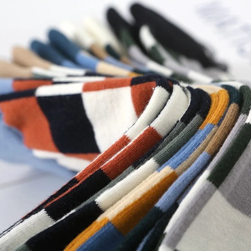 5 Pairs/Lot Combed Cotton Men's Socks Compression Fashion Colorful Square Happy Dress Men Casual Business Grid Gentleman British