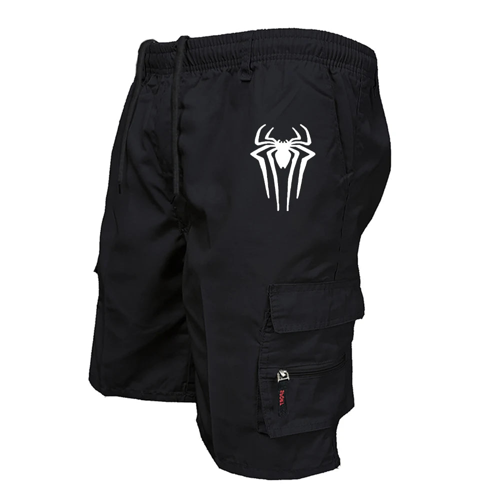 Men's Spider Print Cargo Shorts Male Outdoor Overalls Elastic Waist Cycling Shorts Multi-pockets Loose Work Beach Sports Shorts