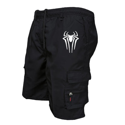Men's Spider Print Cargo Shorts Male Outdoor Overalls Elastic Waist Cycling Shorts Multi-pockets Loose Work Beach Sports Shorts
