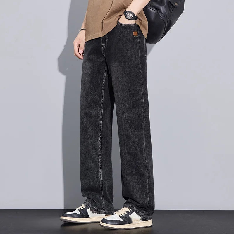 New Arrival American Vintage Wide Leg Elastic Denim Pants for Men Loose Straight Fit Flowy Versatile Casual Pants