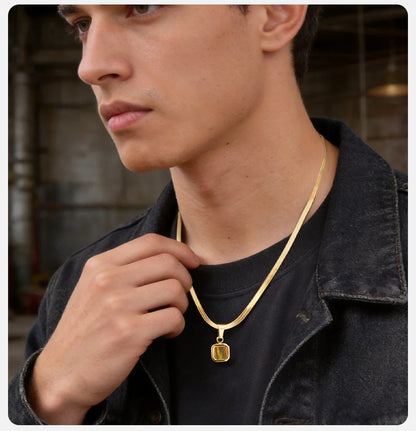 Vnox Geometric Square Natural Stone Pendant Necklace for Men, Gold Silver Color Stainless Steel Blade Chain, Trendy Jewelry Gift