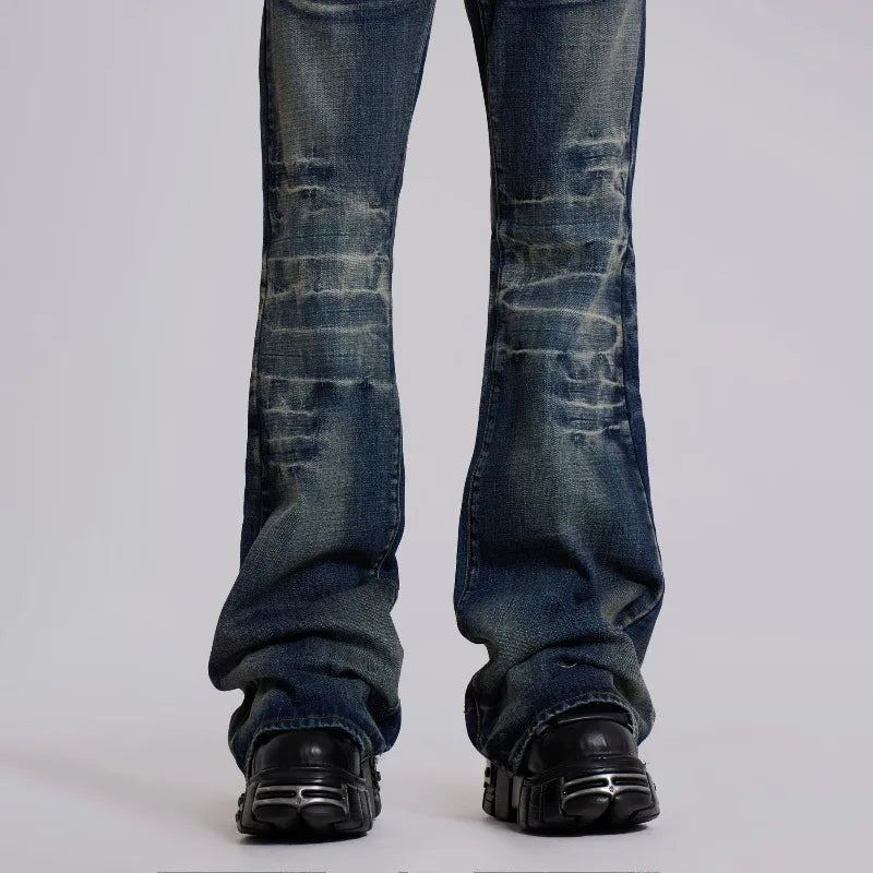 Y2K Vintage Flared Jeans Mid Blue Washed Men Women Bootcut Jeans American Hip Hop Distressed Streetwear Unisex Wide Leg Pants
