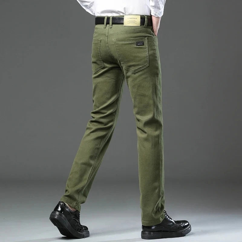 Autumn 96% Cotton Men's Stretch Slim Jeans Army Green Soft Comfortable Casual Straight Denim Pants Trousers Large Size 42