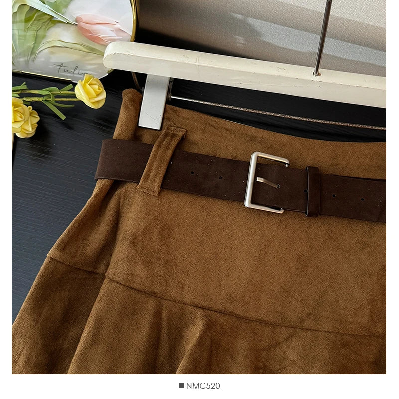 French Fashion Y2K Vintage Harajuku Suede Skirts Women Slim Fit Irregular High Waist A-Line Skirts Casual Elegant Pleated Skirts