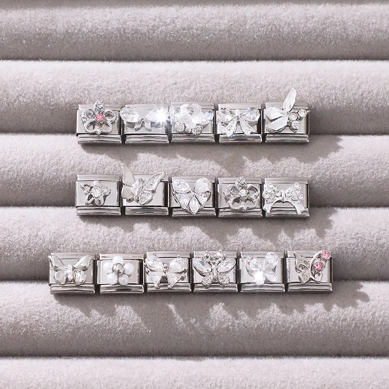 New Shiny Zircon Heart Butterfly Flower Star Bow Italian Charm Links Fit 9MM Stainless Steel Bracelet Girls' DIY Making Gift