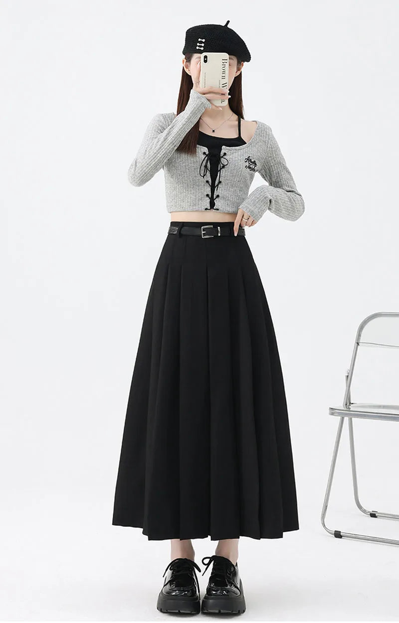 2026 New Women's Pleated Maxi Skirts Autumn High Waisted Zipper Jk Long Skirt Woman Elegant Loose Design Big Swing A-Line Skirts