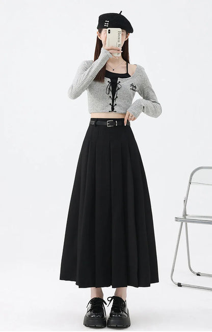 2026 New Women's Pleated Maxi Skirts Autumn High Waisted Zipper Jk Long Skirt Woman Elegant Loose Design Big Swing A-Line Skirts