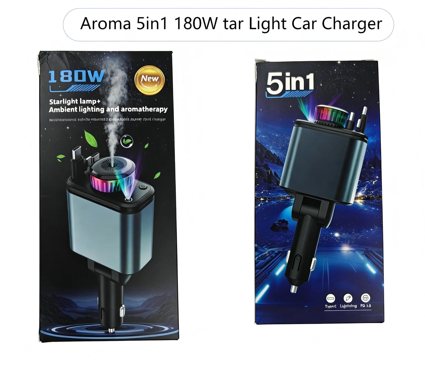 120W 5-in-1 Car Fast Charger Retractable Cable PD 30W Digital Voltmeter Star Light Car Charging Adapter For IOS Android